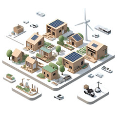 Isometric Floating Sustainable Eco-Village with Solar Tiny Houses, Wind Turbine, and Urban Gardens