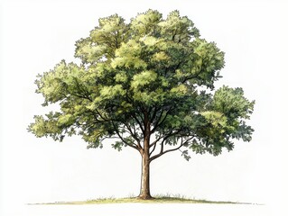 Obraz premium A large, leafy tree with a broad canopy stands alone on a grassy patch against a white background.