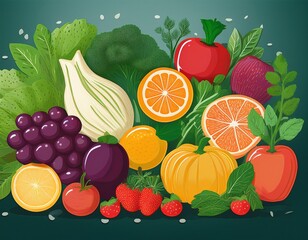 different fresh fruits and vegetables organic for eating healthy and dieting