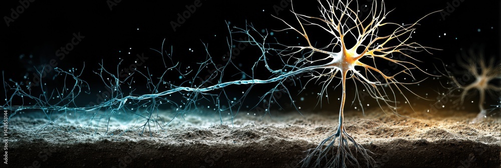 Leinwandbilder Stylized Synthetic Neuron Growing in Digital Soil Amidst a Dark Background With Soft Glowing Elements