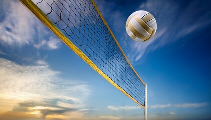a volleyball is in the air and is about to hit the net the net is made of a mesh material