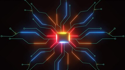 Animated cpu circuit neon animation. Processor chip animated icon glow effect.representing the power of technology.