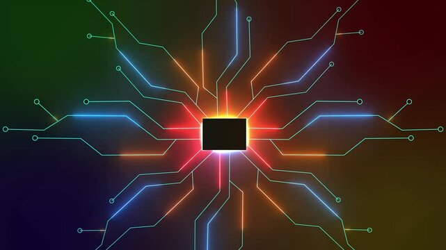 Animated cpu circuit neon animation. Processor chip animated icon glow effect.representing the power of technology.