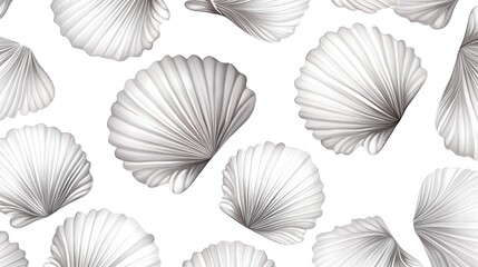 Professional Seamless Pattern with White and Grey Seashells on White Background