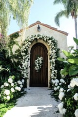 Fototapeta premium A stunning floral arrangement encircles a delightful wooden door, creating a charming scene at a picturesque garden venue bathed in daylight