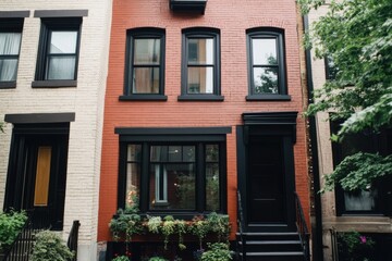 A delightful red brick townhouse nestled among vibrant greenery in a bustling urban neighborhood, basking in the warm sunlight of a beautiful day in the city