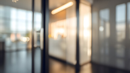 Dynamic blurred office interior with glass door modern workspace light-filled environment perspective