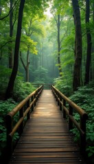 Obraz premium Wooden Path Through Misty Forest