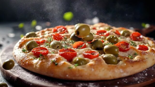 Whole pizza on a wooden board, topped with olives and peppers, garnished with herbs. Freshly made flatbread with gooey cheese.