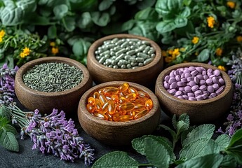 Wooden bowls with pills, herbs, lavender, and purple flowers on a natural background.