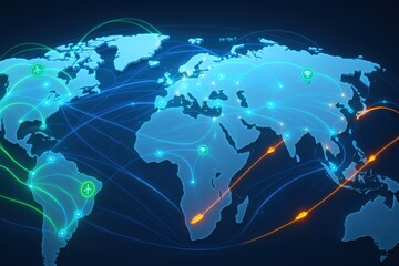 Obraz premium Global Network of Digital Connections: An intricate digital map of the world illuminates a complex web of global connections, symbolized by radiant lines linking continents and marking key hubs.