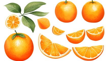Vibrant fresh orange fruits and slices on clean white background for food and beverage industry