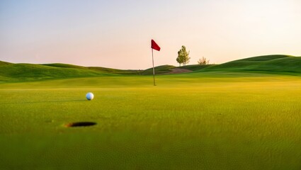 Obraz premium Serene Golf Course Landscape at Golden Hour, AI Generated