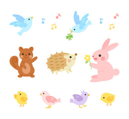 小鳥と小動物のイラストセット　春