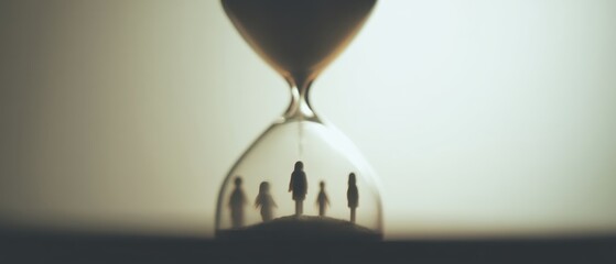 Hourglass Filled with Human Silhouettes Representing Different Life Stages in Soft Light