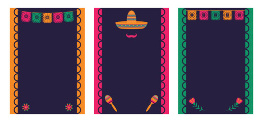 Set of vector vertical templates for invitations in Mexican style. Cinco de Mayo, fiesta - holiday, party, birthday, wedding in Mexican style.
