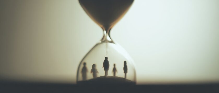 Hourglass Filled with Human Silhouettes Representing Different Life Stages in Soft Light