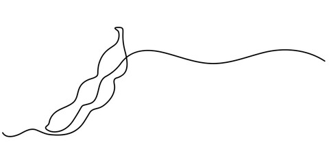 Continuous one line drawing of whole healthy organic pea for harvesting logo identity. Fresh seed pod of sativum concept vegetable icon. Single line draw design vector graphic illustration. 