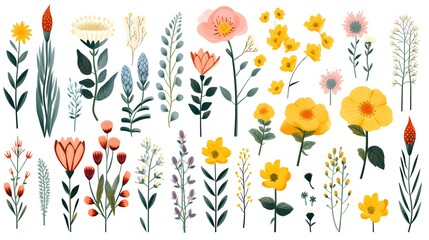 Various Wild Summer Decorative Flowers Isolated on White Background, Botanical Theme