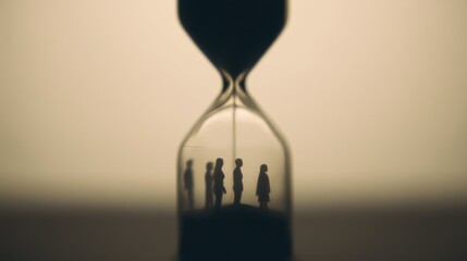 Hourglass Filled with Human Silhouettes Representing Different Life Stages in Soft Light