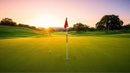 Obraz premium Serene Golf Course Landscape at Golden Hour, AI Generated