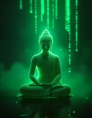 Glowing green Buddha in digital rain