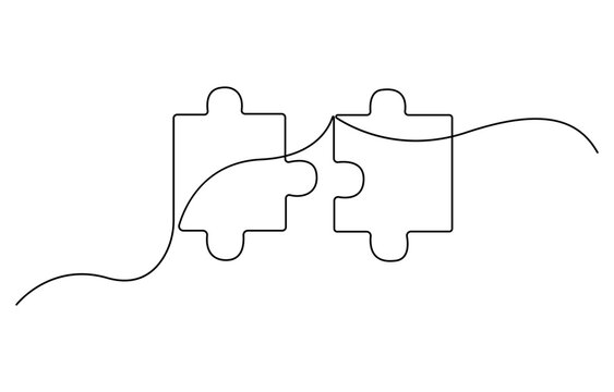 recommend clip art: Two connected puzzles line art jigsaw pieces continuous one line drawing. Puzzles icon single line art, business metaphor of solving problem, Editable stroke.