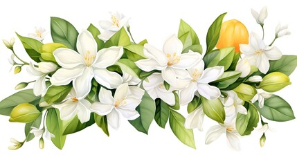 Obraz premium White citrus tree flowers and leaves frame isolated on white background for design projects