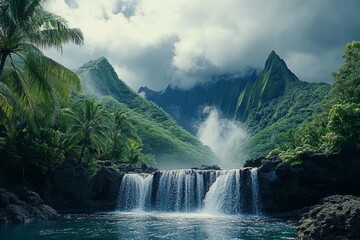 Fototapeta premium Tropical Waterfall cascading into a lush valley