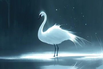A graceful swan standing on one leg, its white feathers glowing under the light