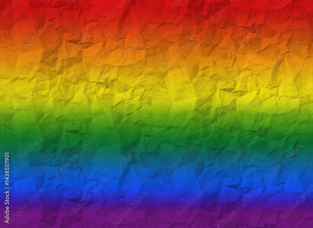 Poster Crumpled rainbow-colored paper with textured grunge effect, representing the LGBT flag. Aged, rustic background with folds and creases, creating a unique pattern. Vibrant, colorful texture on a white.