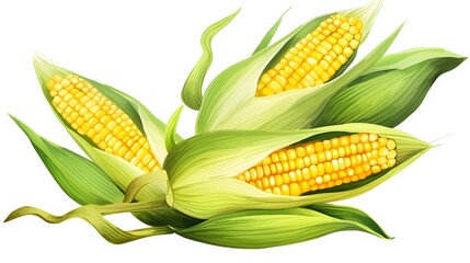 Obraz premium Fresh yellow corn with green leaves on white background - agricultural concept