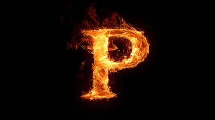 Fiery letter P, abstract art, black background, design element
