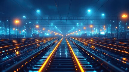 Rainy night urban scene with wet railway tracks and blurred buildings.