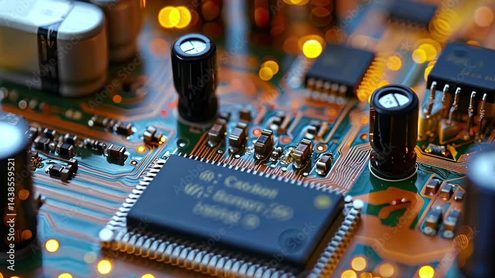 Fototapete close-up exploration of a circuit board with intricate components and glowing lights in a vibrant, t