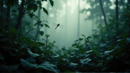 rainforest canopy dense mystical. A dragonfly hovers over lush greenery in a misty forest, creating a serene and tranquil atmosphere.