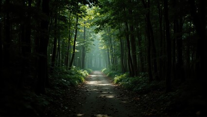 rainforest canopy dense mystical. A serene forest path bathed in soft light, surrounded by tall trees and lush greenery, inviting exploration and tranquility.