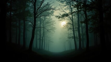 rainforest canopy dense mystical. Mysterious forest shrouded in mist, with tall trees silhouetted against a soft, ethereal light.