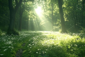 Obraz premium Sunbeams illuminate a lush forest floor carpeted with white flowers. Peaceful and calming nature