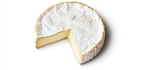Creamy Camembert cheese wheel a slice removed showcasing its soft delicate texture and rich pale yellow interior against a stark