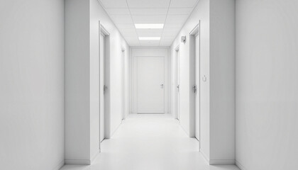 Minimalist white hallway with open doors and bright lighting  