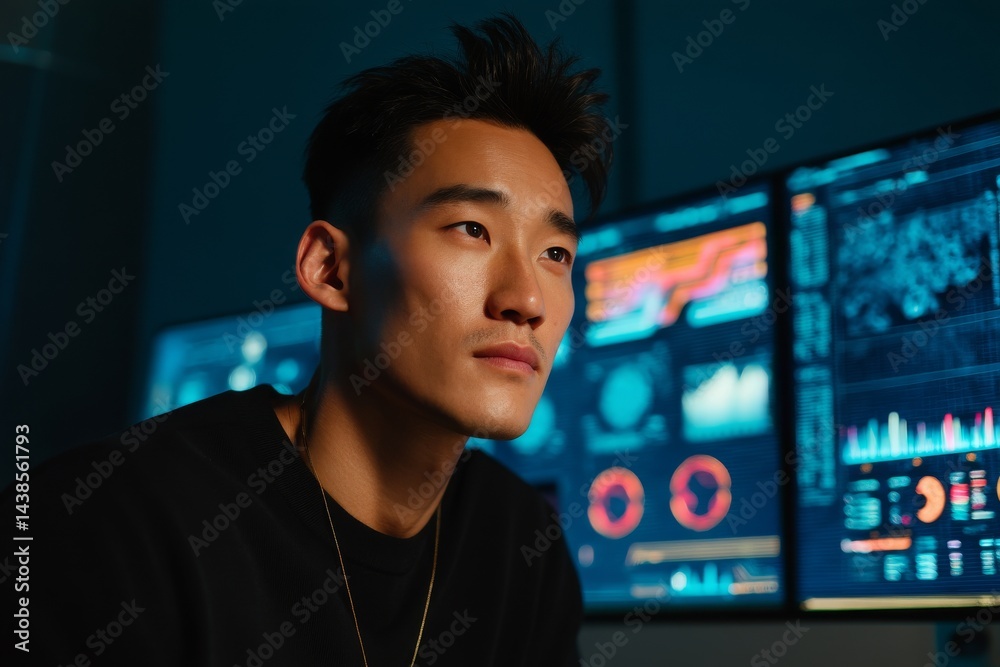 Poster a man focused on cyber security is surrounded by a hologram and night, working on computer programmi