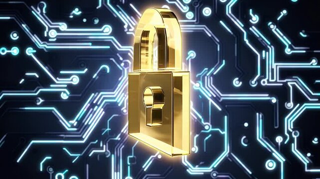 Visualize data protection glowing digital lock symbol electronic circuit board background representing cybersecurity infrastructure high tech futuristic vertical 4K animation