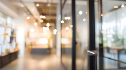 Fototapeta premium Blurry office interior scene with open door modern workspace contemporary design inviting environment