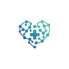 Obraz premium Medical Logo Featuring Abstract Molecular Network Forming Heart Shape with Integrated Cross Symbol in Gradient Blue-Green Tones for Health and Wellness Brands