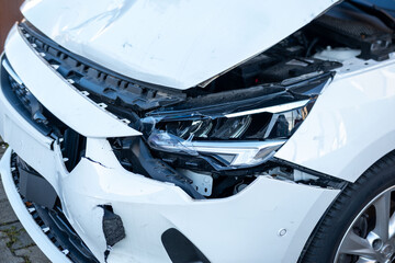 wrecked car close-up, severely damaged car after car accident, Damaged white car bumper, cracks and...