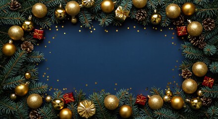 Festive Christmas frame with golden ornaments and evergreen branches