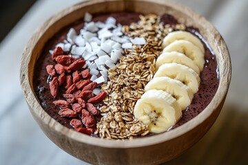 A nutrient-packed acai bowl topped with granola, banana, coconut flakes, and a handful of goji berries