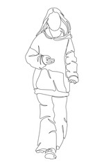 Young woman walking holding phone. Front view. Linear drawing isolated on white background. Vector illustration in line art style.
