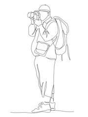 Man with backpack taking picture with photo camera. Continuous line drawing. Black and white vector illustration in line art style.